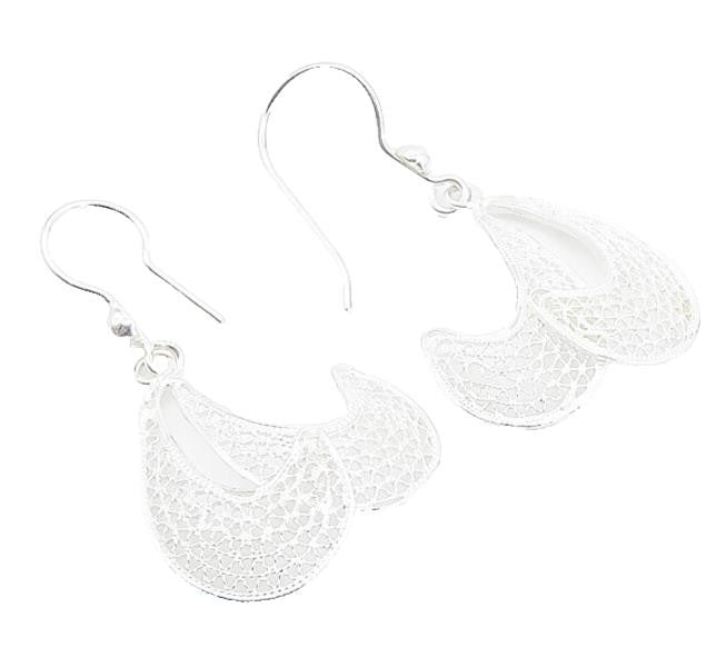 925 Sterling Silver  Filigree Detail Curved Design Shiny Drop Earrings  EG3026
