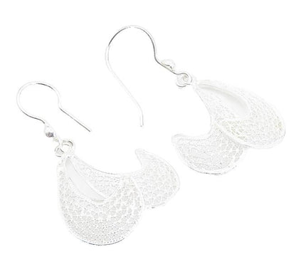 925 Sterling Silver  Filigree Detail Curved Design Shiny Drop Earrings  EG3026
