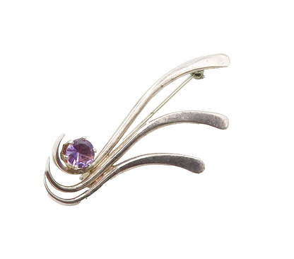 925 Sterling Silver  Vintage Prong Set Amethyst Swirl Brooch Pin  BP6046