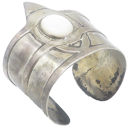 925 Sterling Silver  Vintage Antique Mother Of Pearl Cuff Bracelet  BT3385