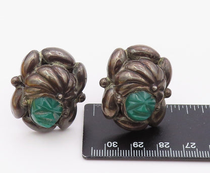 MEXICO 925 Sterling Silver Vintage Carved Warrior Green Onyx Cuff Links  TR3459