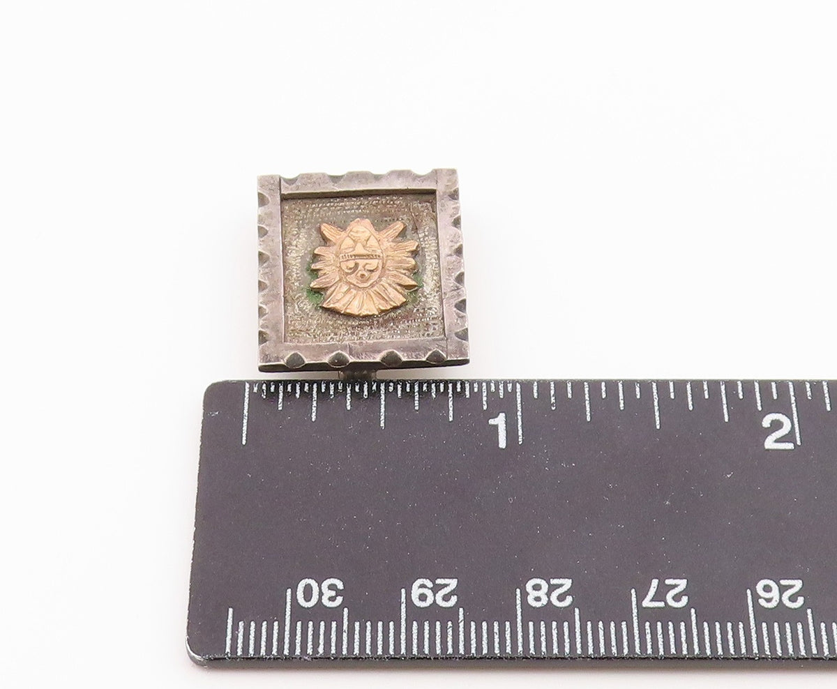 925 Silver & 18K GOLD  Vintage Two Tone Face Mask Square Brooch Pin  BP5230