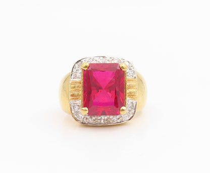 925 Sterling Silver Vintage Ring Gold Plated Ruby & Halo CZ Band  Sz 7  RG35384