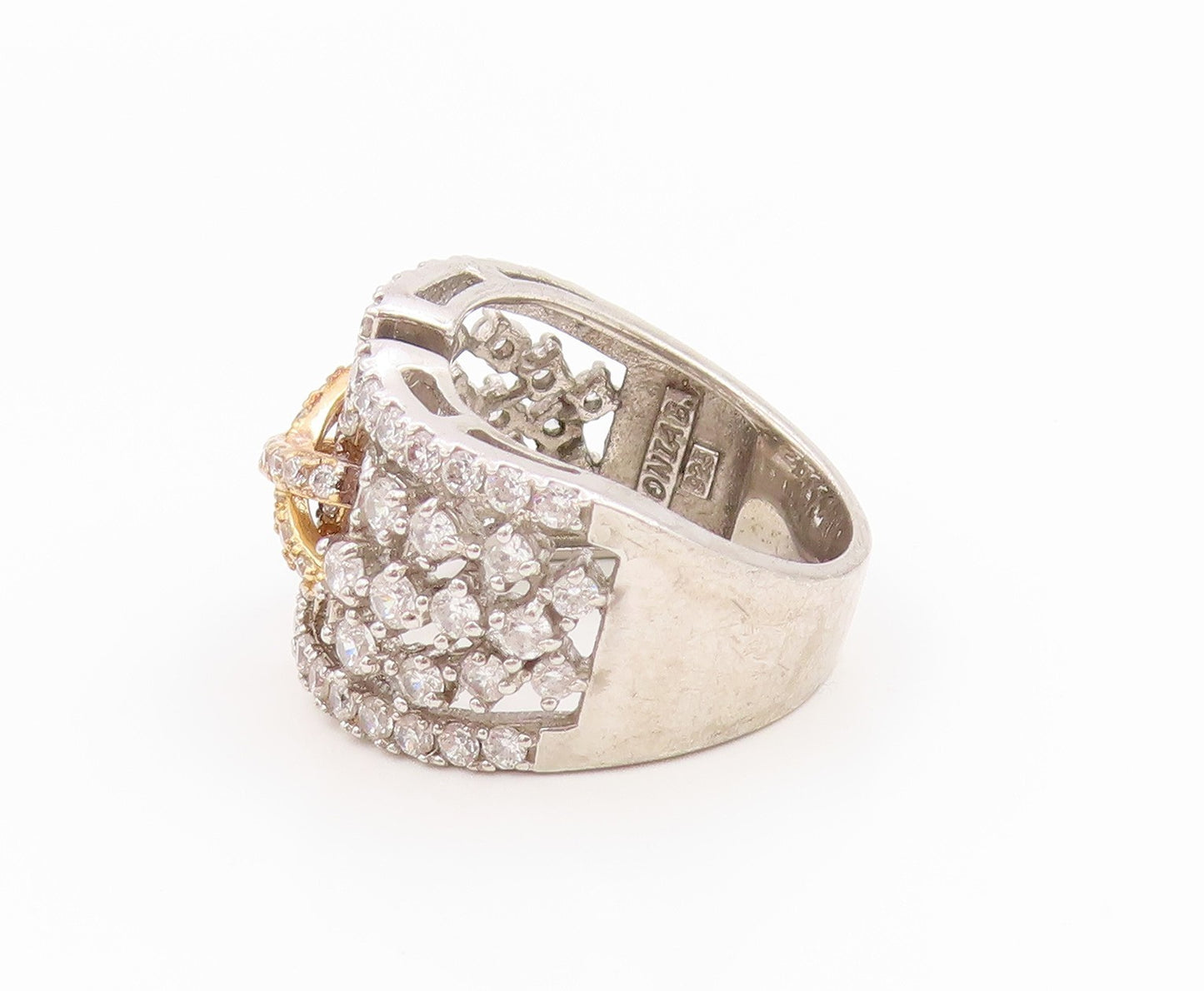925 Sterling Silver Vintage Ring Two Tone CZ Crisscross Wide Band  Sz 7  RG36244