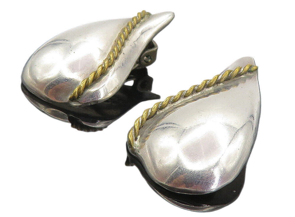 MEXICO 925 Sterling Silver  Vintage Two Tone Twist Non Pierce Earrings  EG3833