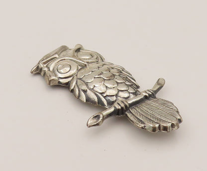 BEAU 925 Silver  Vintage Carved Standing Owl On Branch Brooch Pin  BP10219
