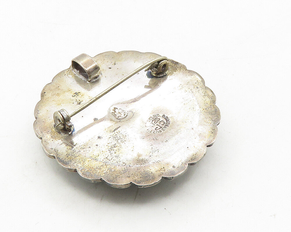 MEXICO 925 Sterling Silver  Vintage Cabochon Cut Green Onyx Brooch Pin  BP3740