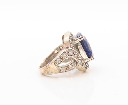 925 Sterling Silver Vintage Ring Square Cut Sapphire & Topaz Inlay Sz 5  RG30671