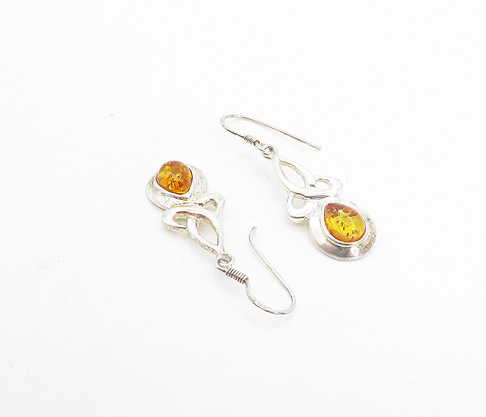 925 Sterling Silver  Cabochon Cut Amber Celtic Knot Dangle Earrings  EG3793