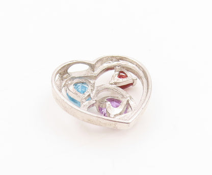 925 Sterling Silver Vintage Pendant Tri Gemstone Dual Love Heart Charm  PT25217