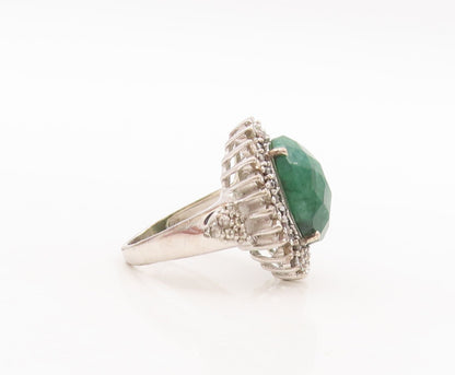 925 Sterling Silver Vintage Ring Oval Green Gemstone & Diamonds  Sz 6  RG29707