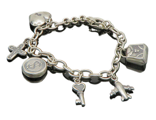 925 Sterling Silver  Vintage Assorted Charms Oval Link Chain Bracelet  BT9074