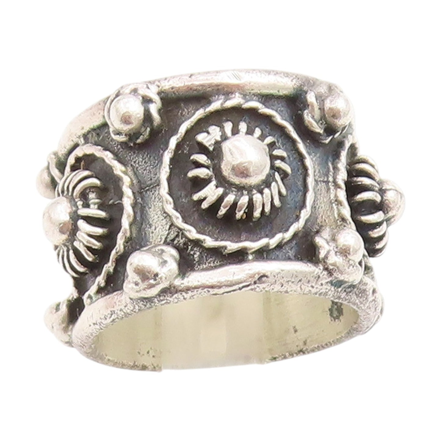 925 Sterling Silver Vintage Ring Beaded Floral Motif Wide Band  Sz 5  RG33769