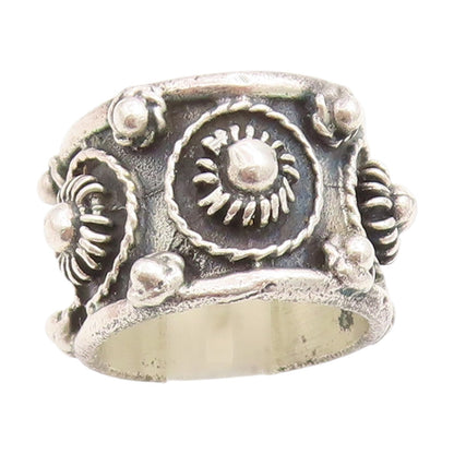 925 Sterling Silver Vintage Ring Beaded Floral Motif Wide Band  Sz 5  RG33769