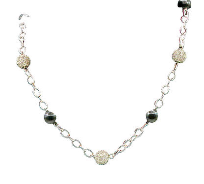 ESPO 925 Sterling Silver Vintage Black Onyx & Cubic Zirconia Necklace  NE3678