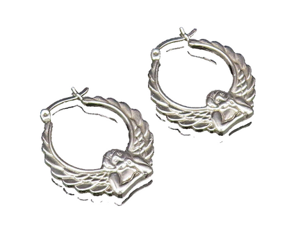 925 Silver  Vintage Polished Scalloped Angel Wings Hoop Earrings  EG12039