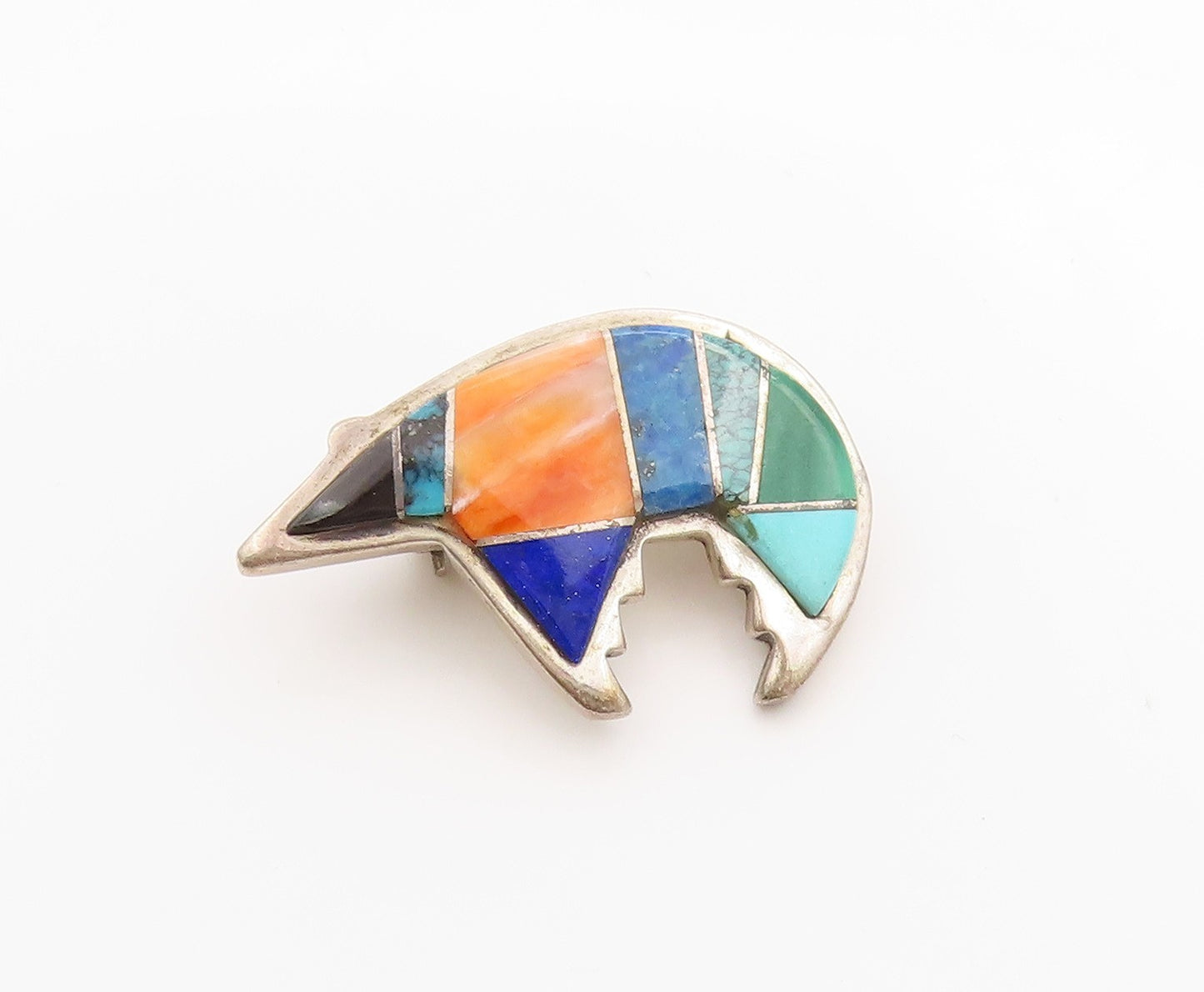 925 Sterling Silver Vintage Brooch Pin NAVAJO ZUNI Gemstone Inlay Bear  BP11657