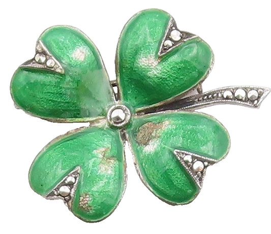 GERMANY 925 Silver  Vintage Enamel & Marcasite Luck Clover Brooch Pin  BP9662