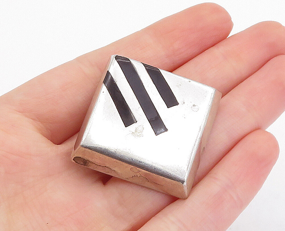 MEXICO 925 Silver  Vintage Black Onyx Striped Hollow Square Brooch Pin  BP1249