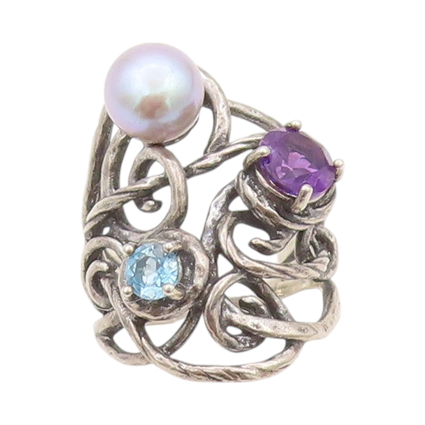 925 Sterling Silver Vintage Ring OR PAZ ISRAEL Pearl Amethyst Sz 5.5  RG32413