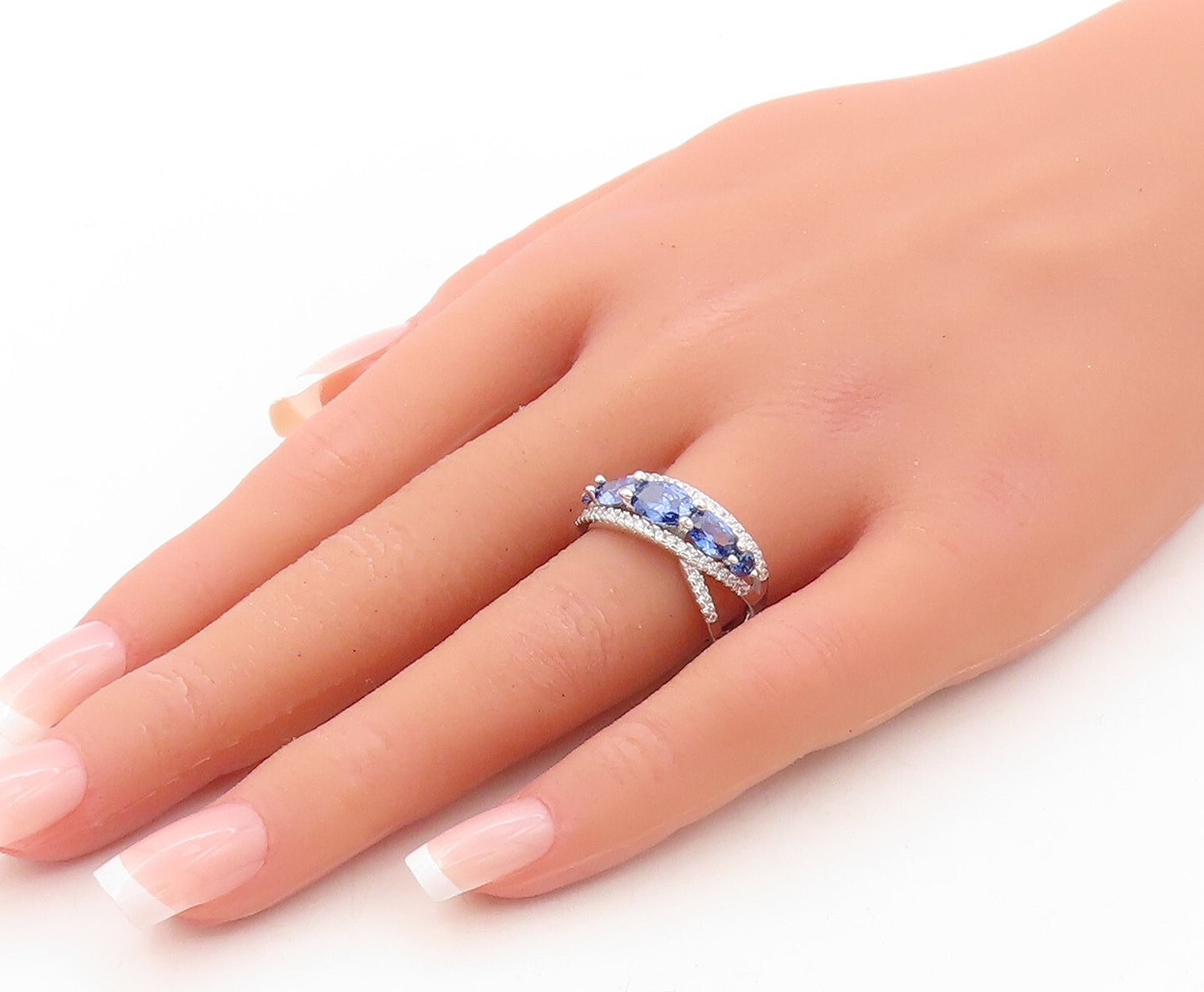 925 Sterling Silver Vintage Ring Designer Oval Sapphire CZ Bands  Sz 7.5 RG31073