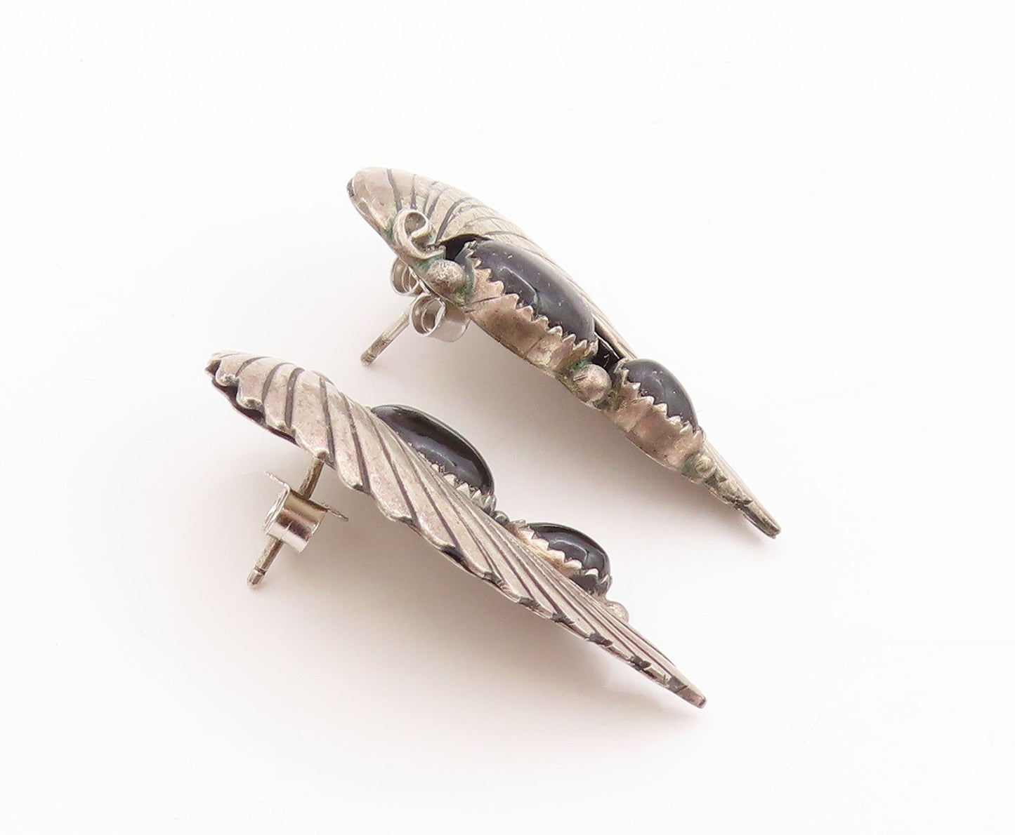 925 Sterling Silver Vintage Earrings NAVAJO Onyx Etched Devil Wings  EG13572