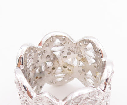925 Sterling Silver Vintage Ring Broad Band Floral Cutout CZ Inlay Sz 7  RG29032
