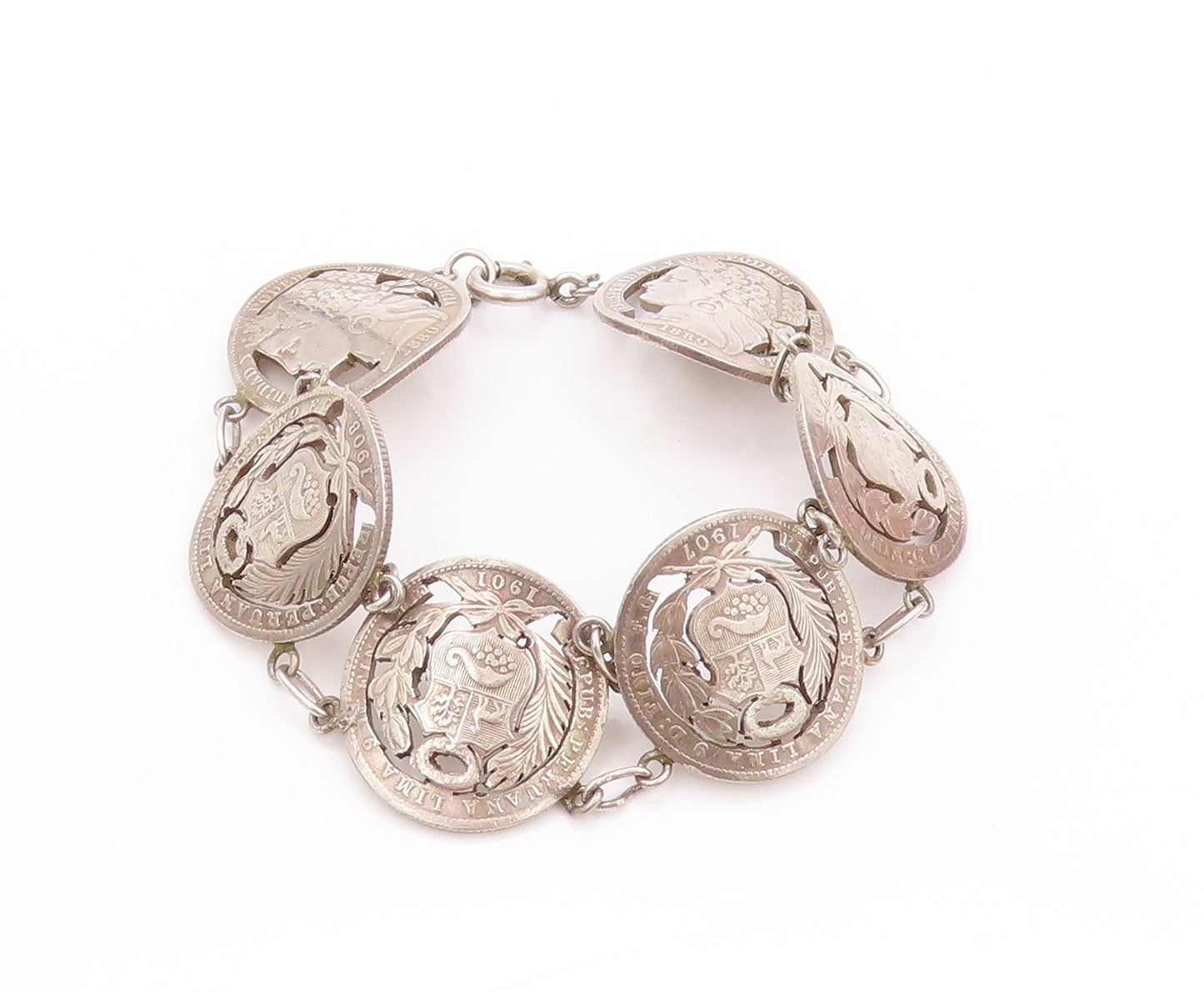 925 Sterling Silver Vintage Bracelet Antique Royal Peruana Coins   BT11264