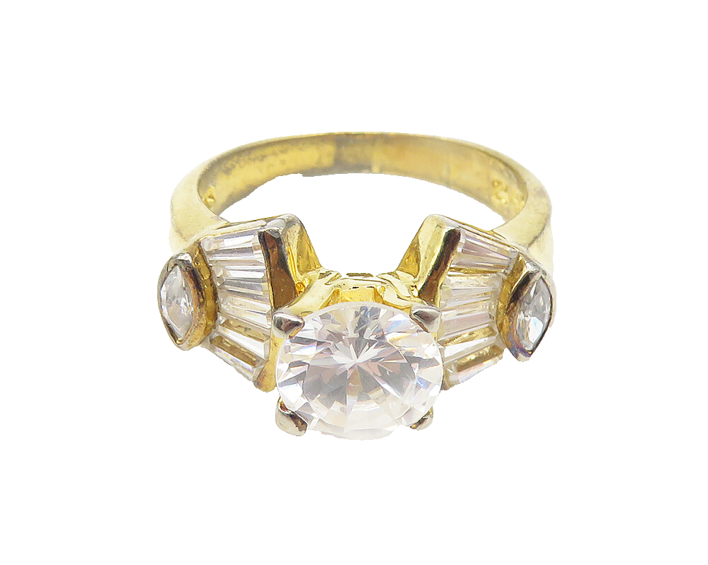 925 Sterling Silver  White Topaz Shiny Gold Plated Band Ring Sz 6  RG11334