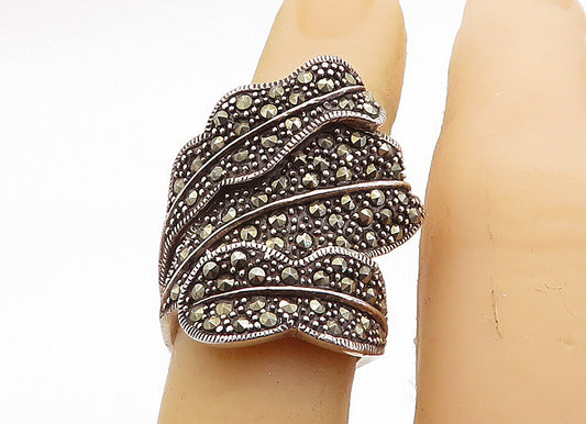 925 Sterling Silver  Vintage Marcasite Floral Leaf Band Ring Sz 5.5  RG7256