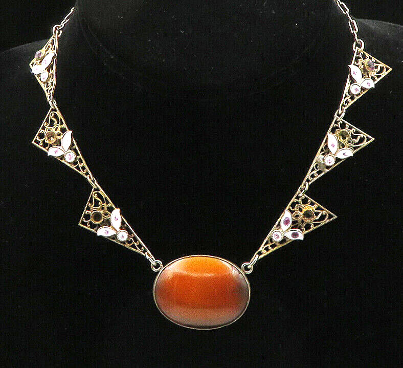 925 Silver  Vintage Antique Tiger's Eye & Amethyst Chain Necklace  NE3572