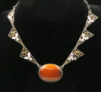925 Silver  Vintage Antique Tiger's Eye & Amethyst Chain Necklace  NE3572