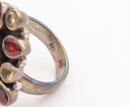 925 Sterling Silver Vintage Ring Garnet Citrine & Gemstone Flower  Sz 6  RG29282