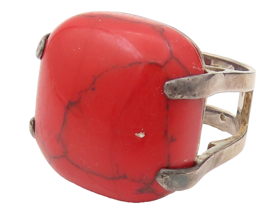 925 Sterling Silver  Vintage Cabochon Coral Split Shank Ring Sz 8.5  RG26495