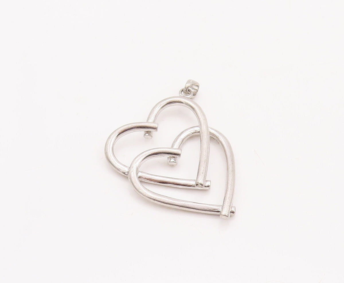 925 Sterling Silver Vintage Pendant CZ Beaded Double Heart Cutout   PT23148