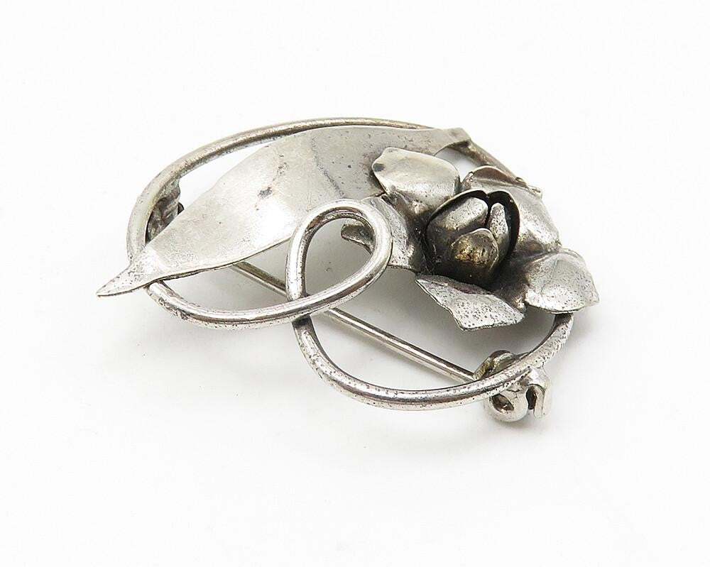 925 Sterling Silver  Vintage Dark Tone Sculpted Flower Heart Brooch Pin BP4238