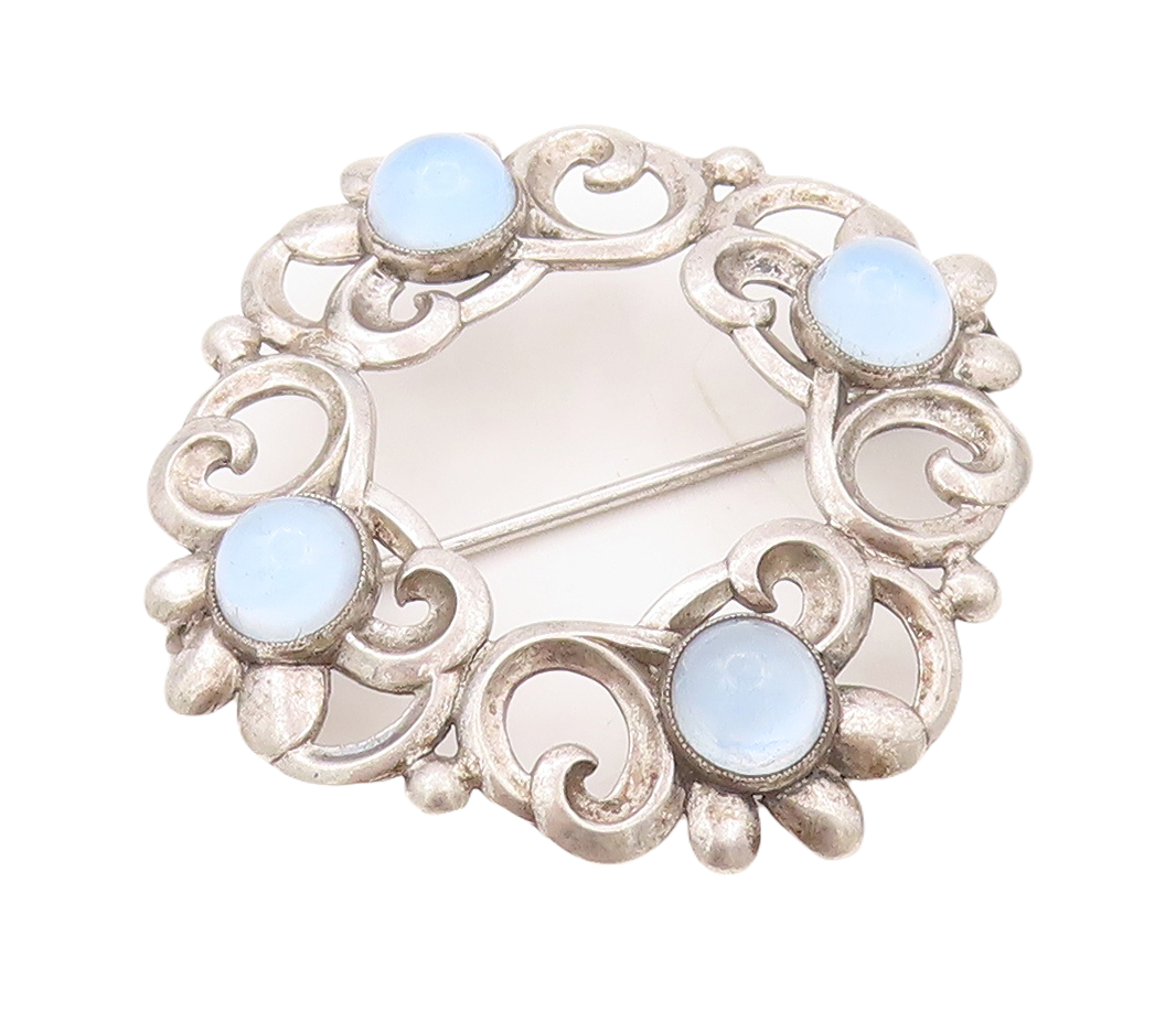 925 Sterling Silver Vintage Brooch Pin Swirly Carved Cat's Eye Wreath  BP11156