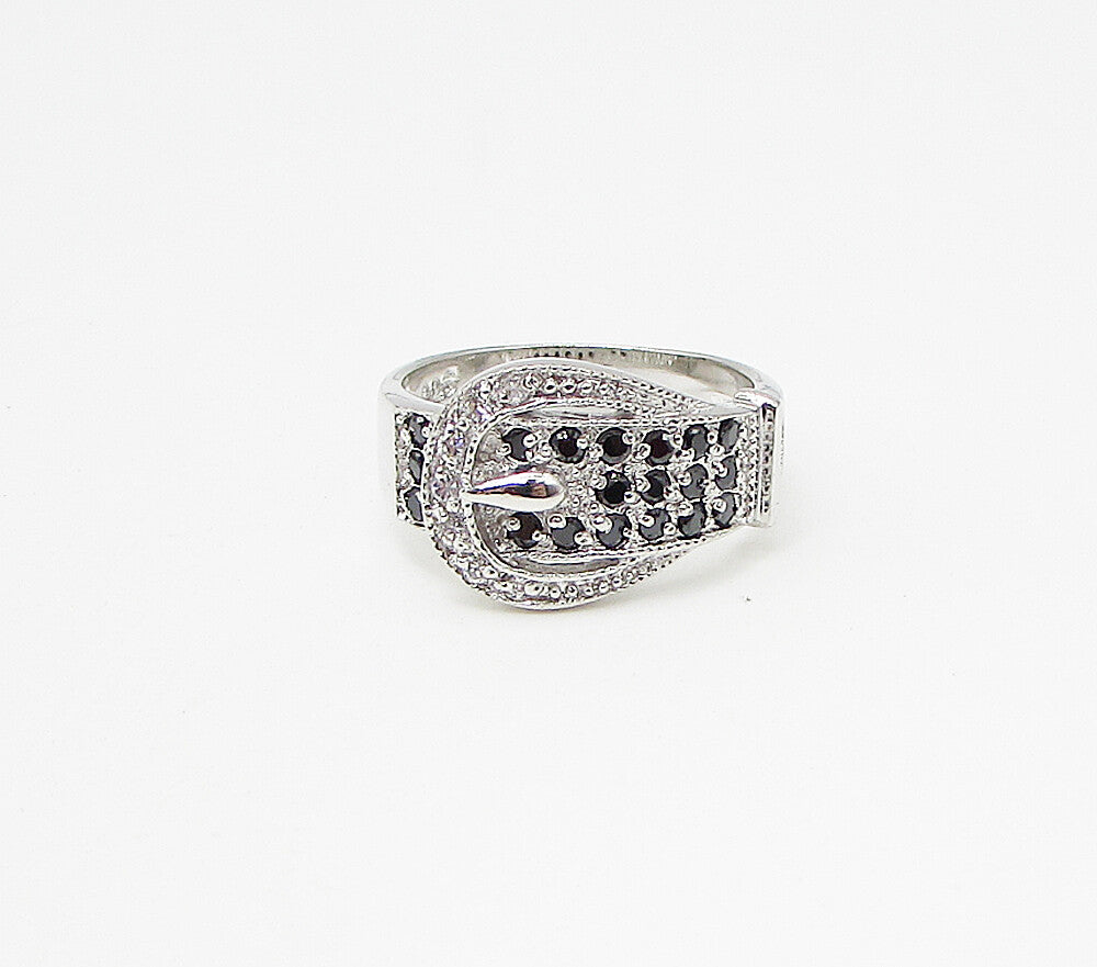 925 Silver  Sapphire & White Cubic Zirconia Belt Style Band Ring Sz 7  RG3425