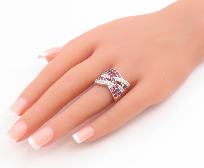 925 Sterling Silver Vintage Ring Pink Topaz & CZ Crossover Band  Sz 7  RG34919