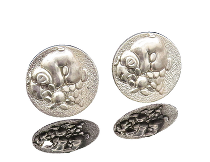 DESIGNER 925 Sterling Silver Vintage Pig Hugging Treasure Cuff Links TR3407