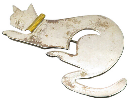 MEXICO 925 Sterling Silver  Vintage Two Tone Cat Motif Brooch Pin  BP4723