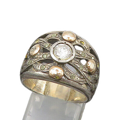EUROPEAN 925 Silver & 14K GOLD  Vintage Cubic Zirconia Band Ring Sz 7  RG21811