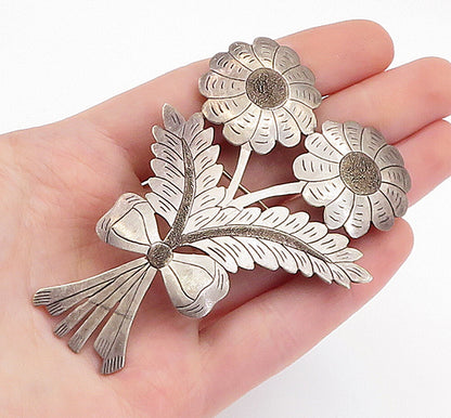 925 Sterling Silver  Vintage Antique Etched Bow Tied Flowers Brooch Pin BP1981