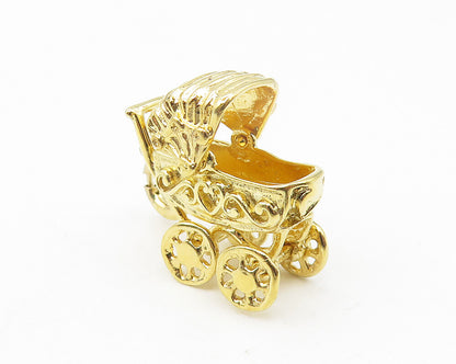 925 Sterling Silver  Vintage Shiny Gold Plated Baby Carriage Pendant  PT9387