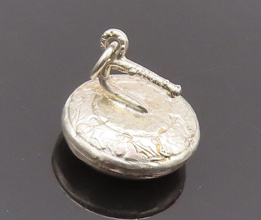 925 Sterling Silver Vintage Pendant Puffed Swirly Carved Disk Charm PT22690