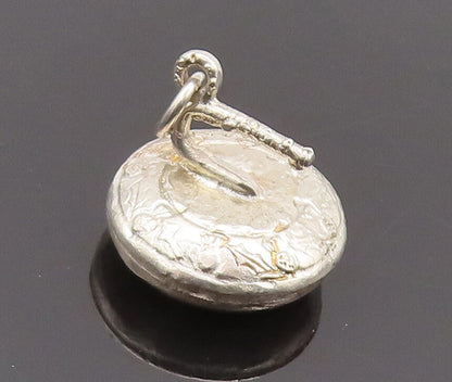 925 Sterling Silver Vintage Pendant Puffed Swirly Carved Disk Charm PT22690