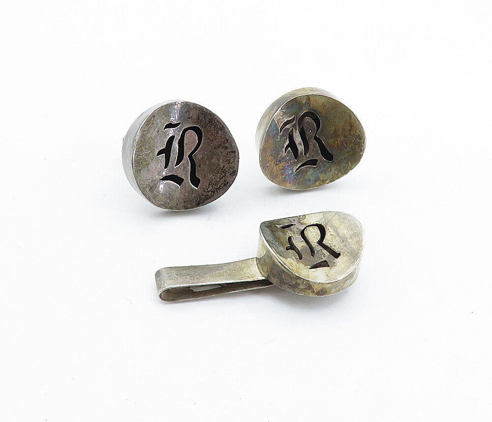 MEXICO 925 Sterling Silver  Vintage Concave Cuff Links & Tie Clip Set  TR1226