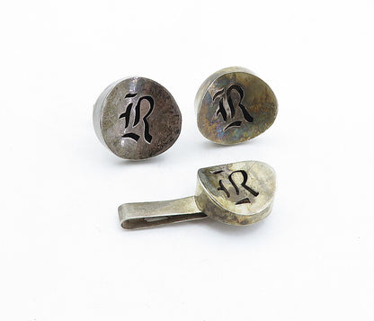 MEXICO 925 Sterling Silver  Vintage Concave Cuff Links & Tie Clip Set  TR1226