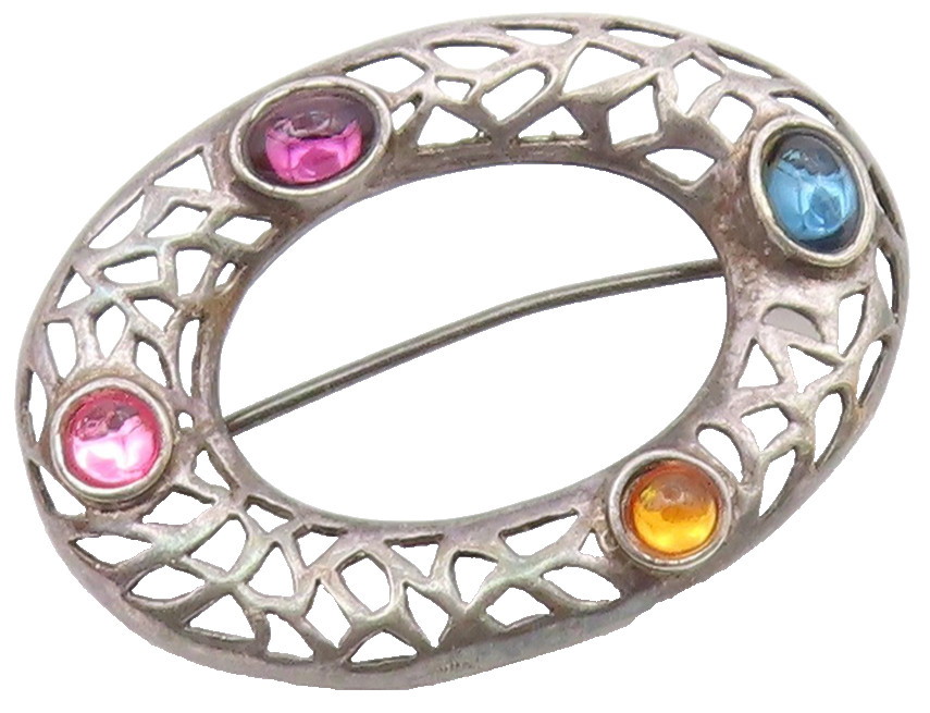 925 Silver  Vintage Cabochon Topaz Amethyst & Stones Oval Brooch Pin  BP10167