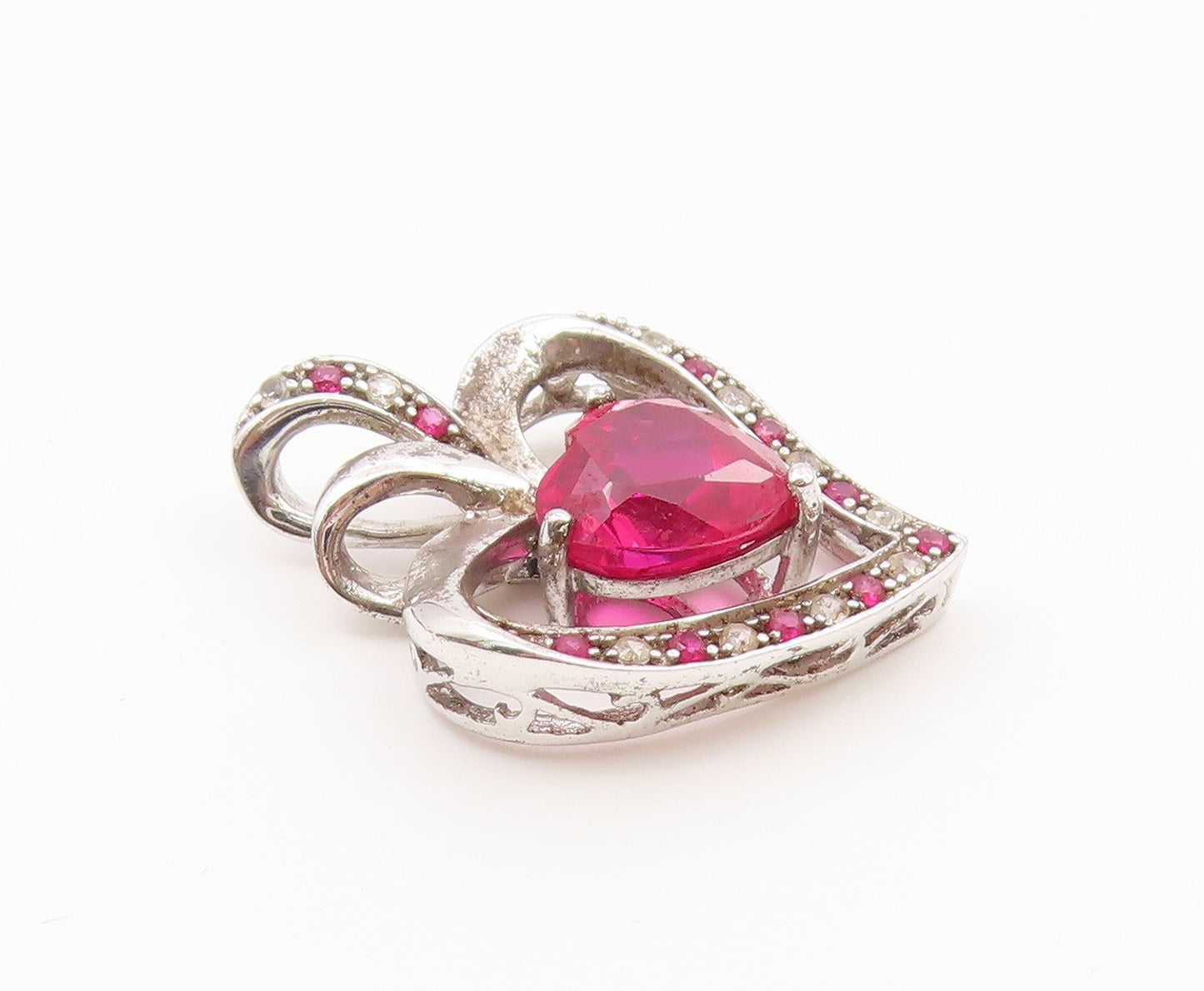925 Sterling Silver  Vintage Pink & White Topaz Love Heart Pendant  PT16545